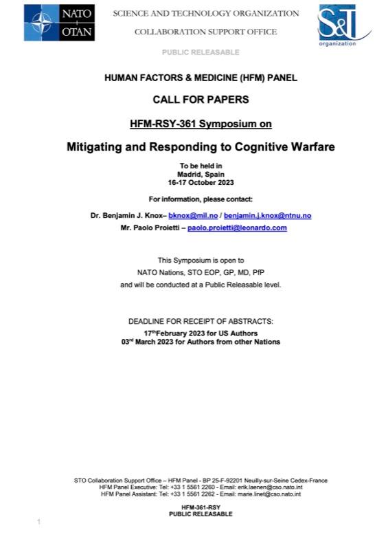 Participation in the NATO STO Symposium on Mitigating and Responding to Cognitive Warfare